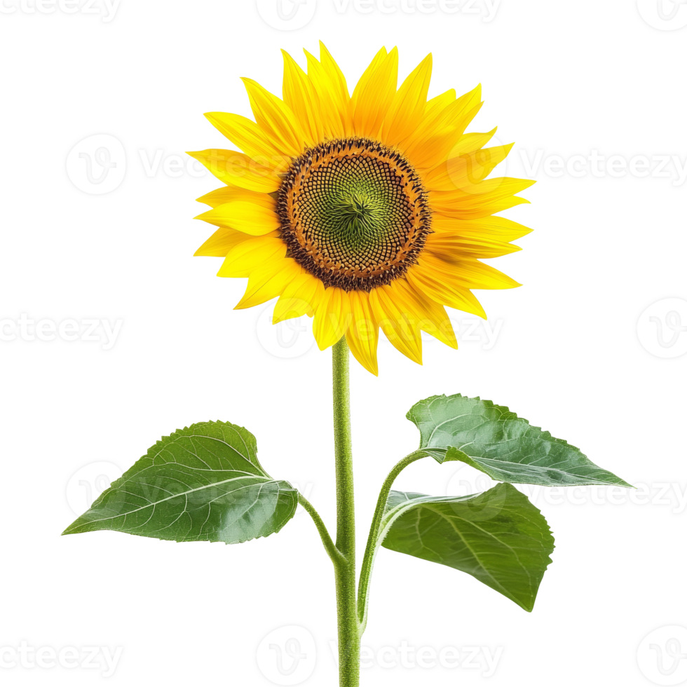 Bright yellow sunflower with green leaves in bloom png