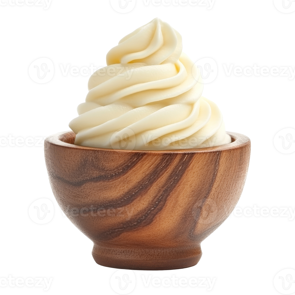 Creamy soft serve dessert in a wooden bowl png