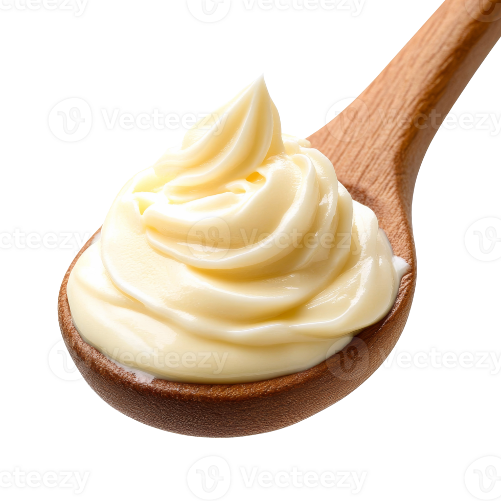 Creamy mayonnaise on wooden spoon in bright light png