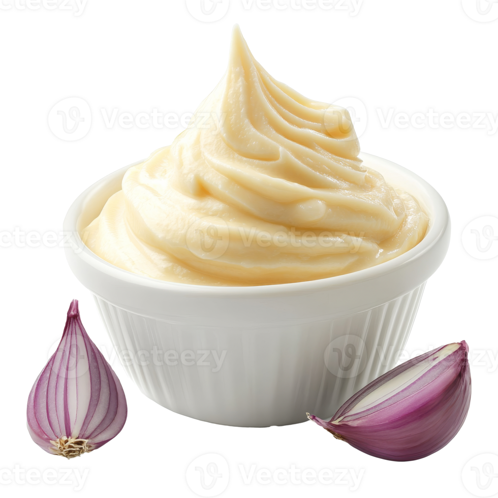 Creamy garlic sauce in a small bowl with shallots png