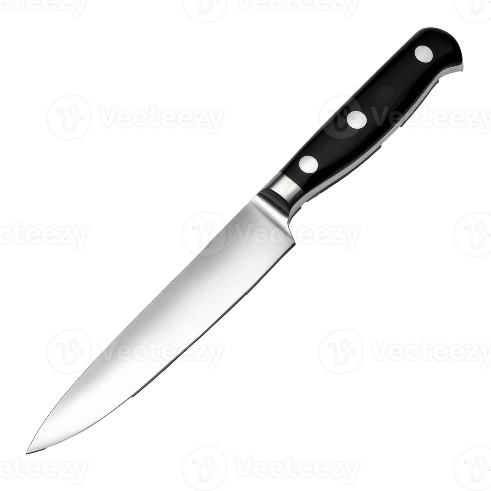 Black handled chefs knife, steel blade png