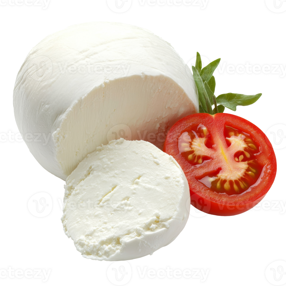 Fresh mozzarella cheese with tomato slices nearby png