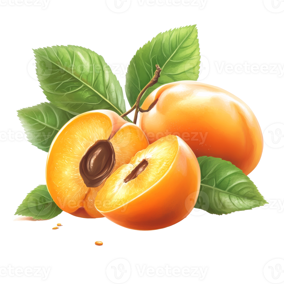 Vibrant apricots and leaves on white png