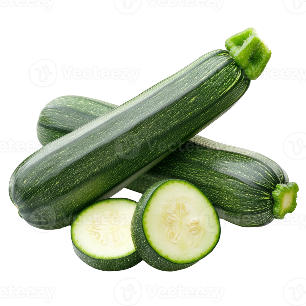 Fresh green zucchinis displayed with sliced pieces 52652072 PNG