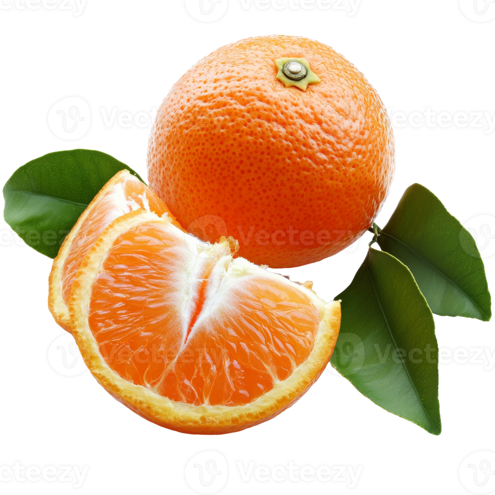 Fresh orange with green leaves and sliced segment png