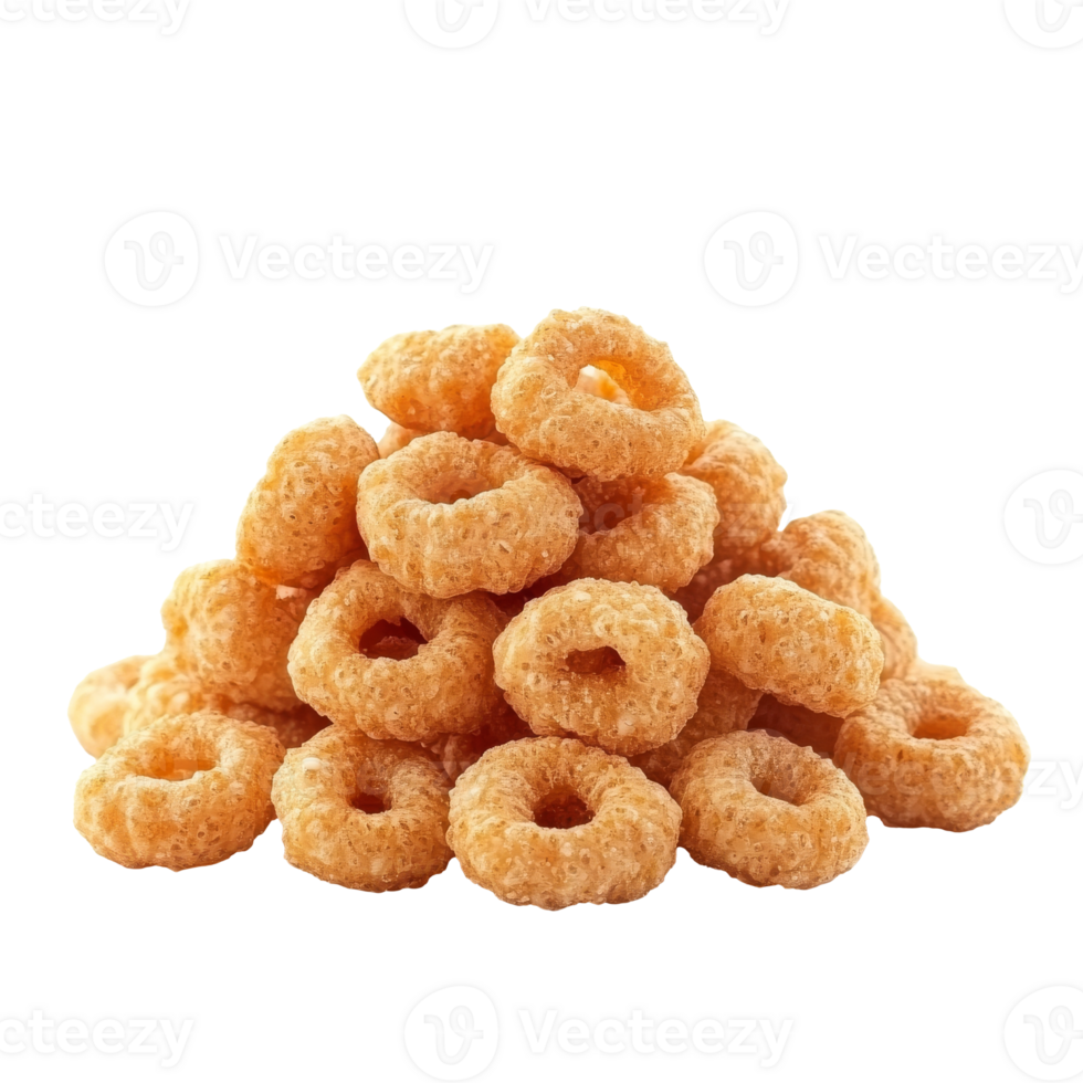Pile of crispy cereal rings on a white surface png
