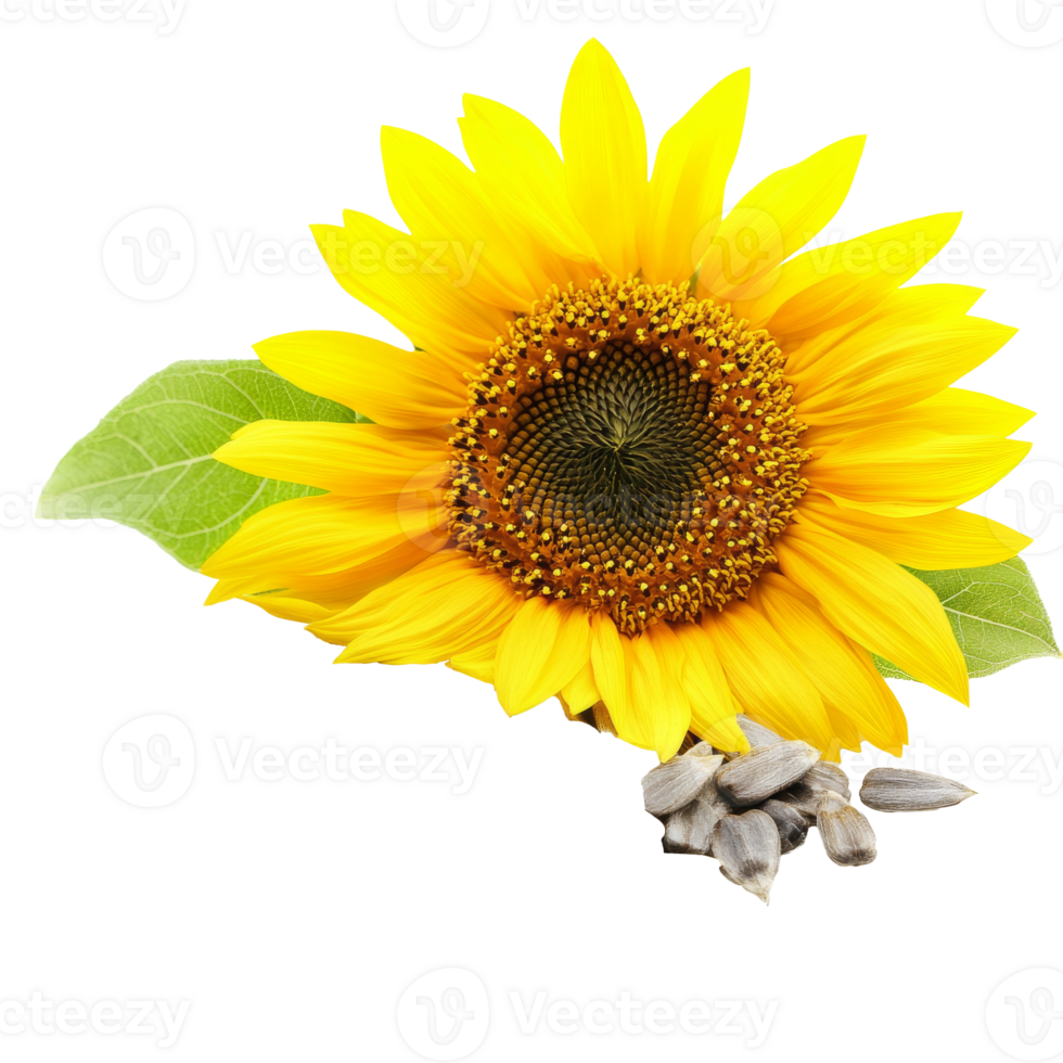 Sunflower with seeds and green leaves png