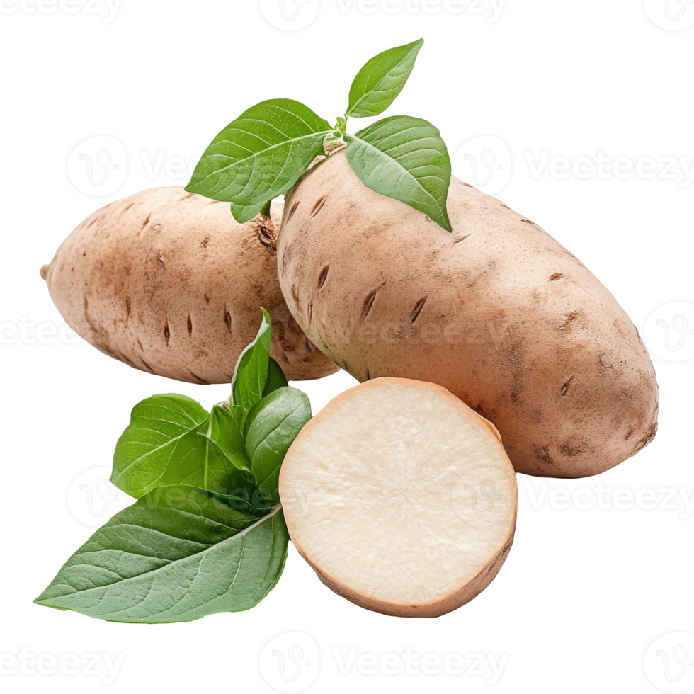 Fresh yams with green leaves on a white background png