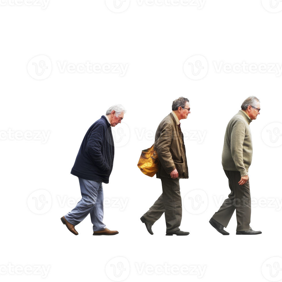 Three elderly men walking in a calm urban setting png