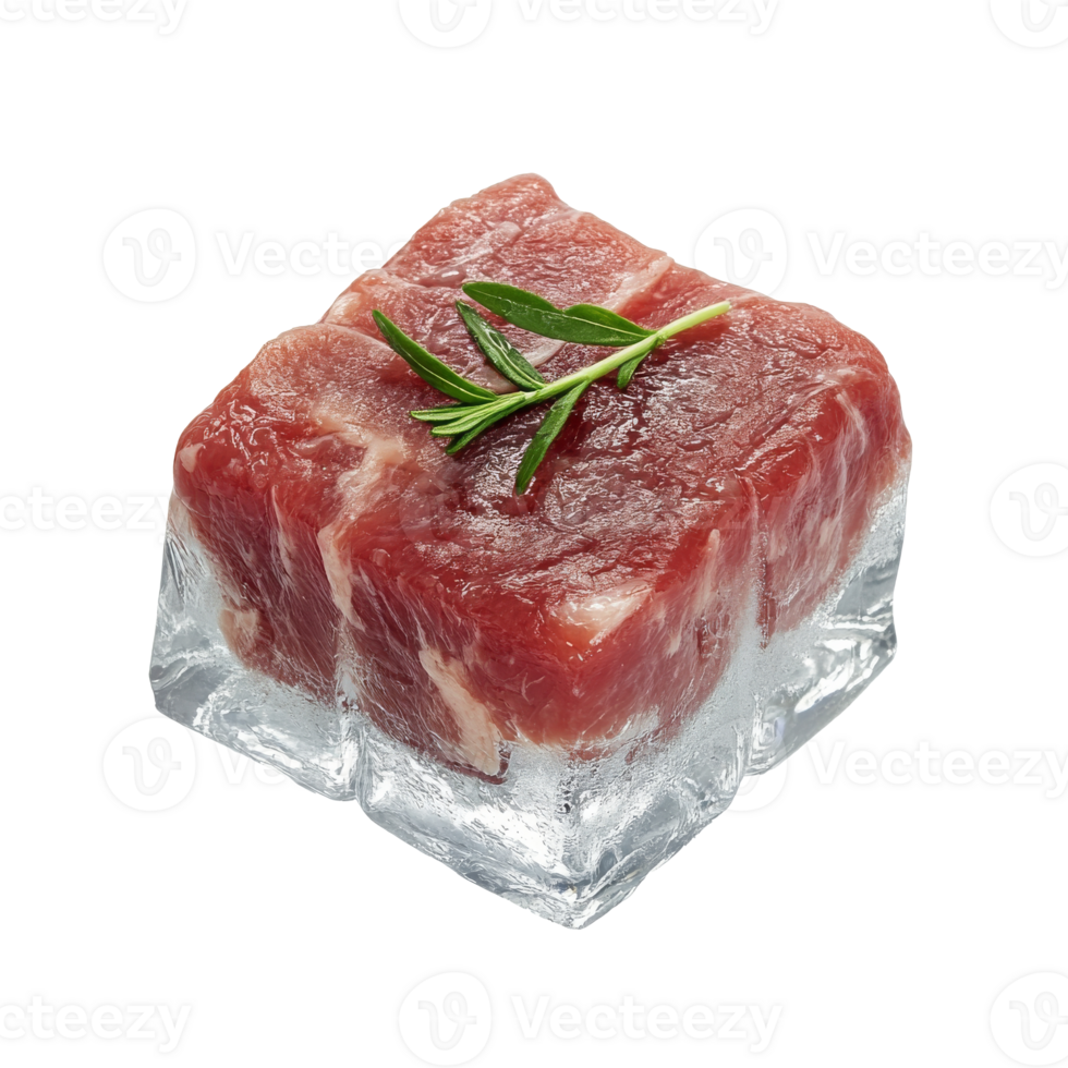 Frozen block of beef topped with fresh herbs png