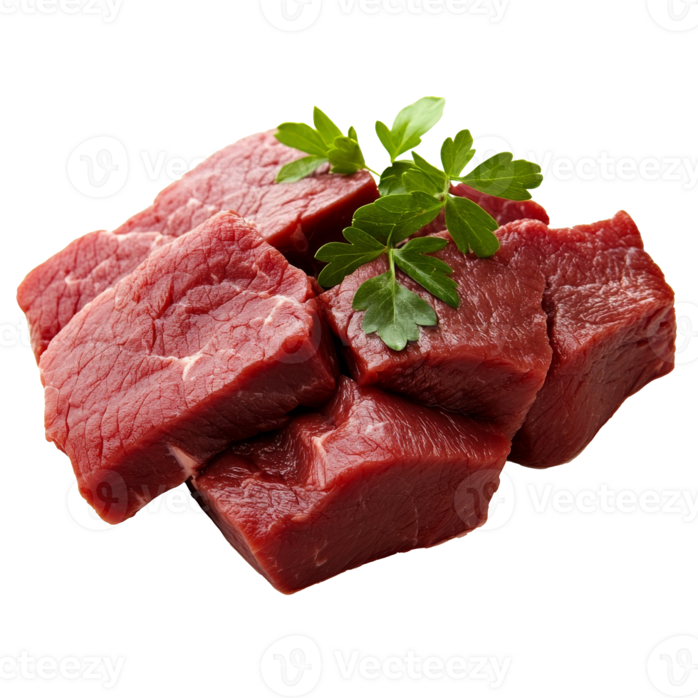 Freshly cut cubes of beef with parsley garnish png