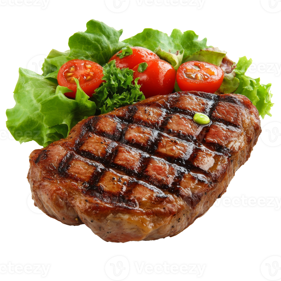 Grilled steak served with fresh salad and tomatoes png