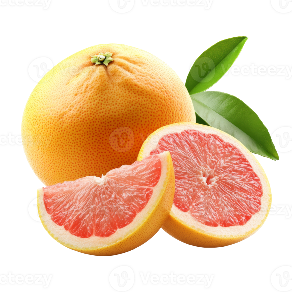 Grapefruit halves with leaves on white png