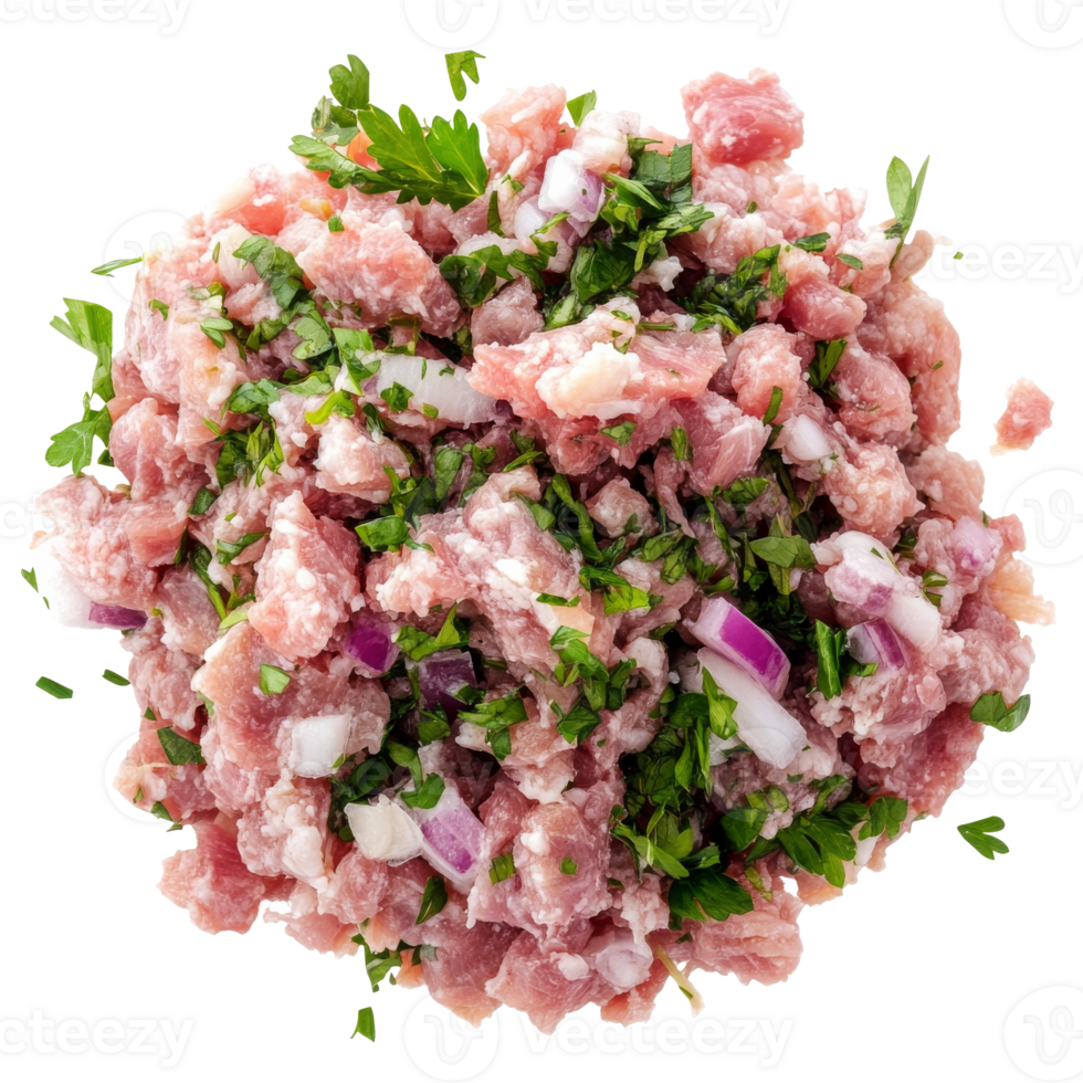 Freshly chopped meat mixture with herbs and onions png