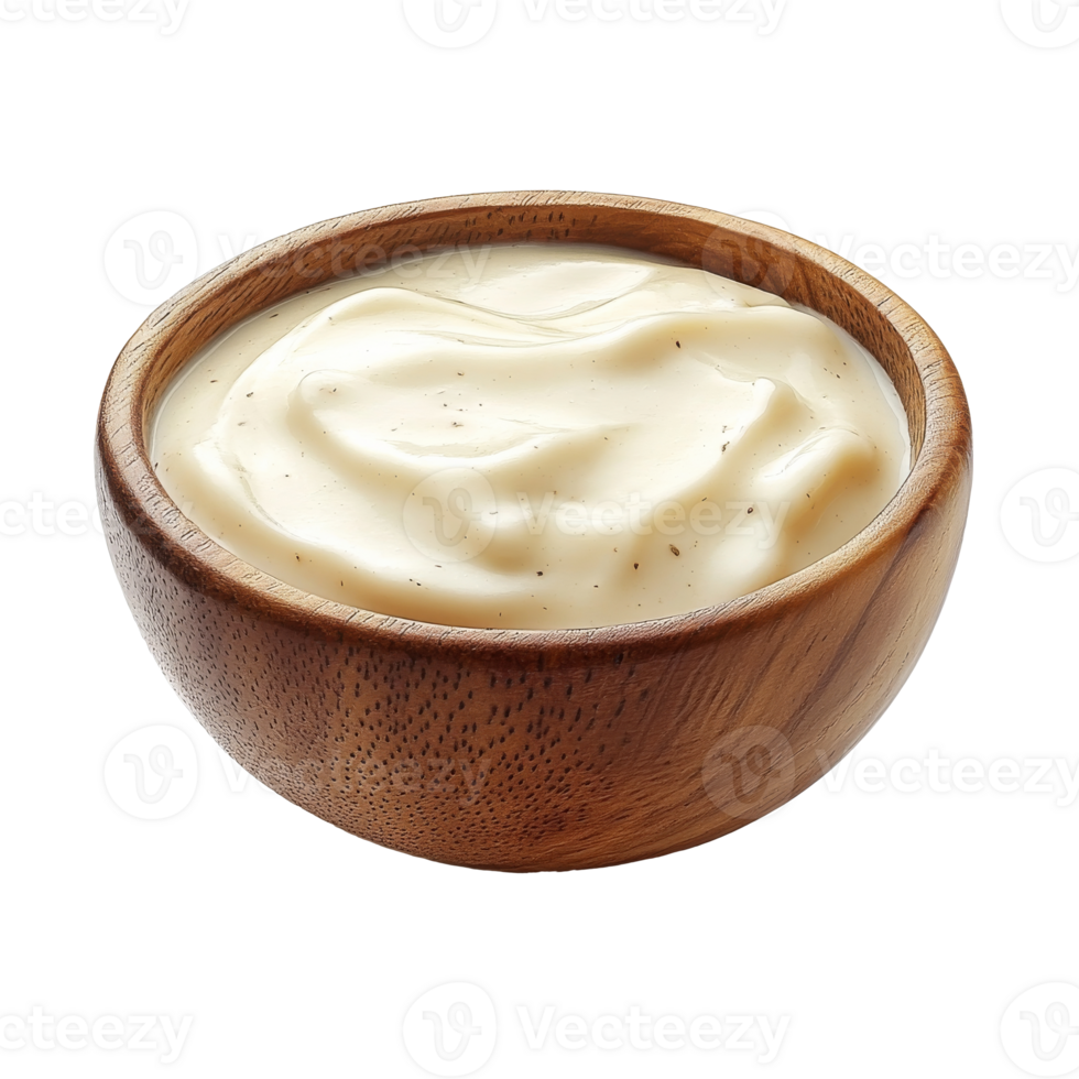 Creamy sauce in wooden bowl on white png