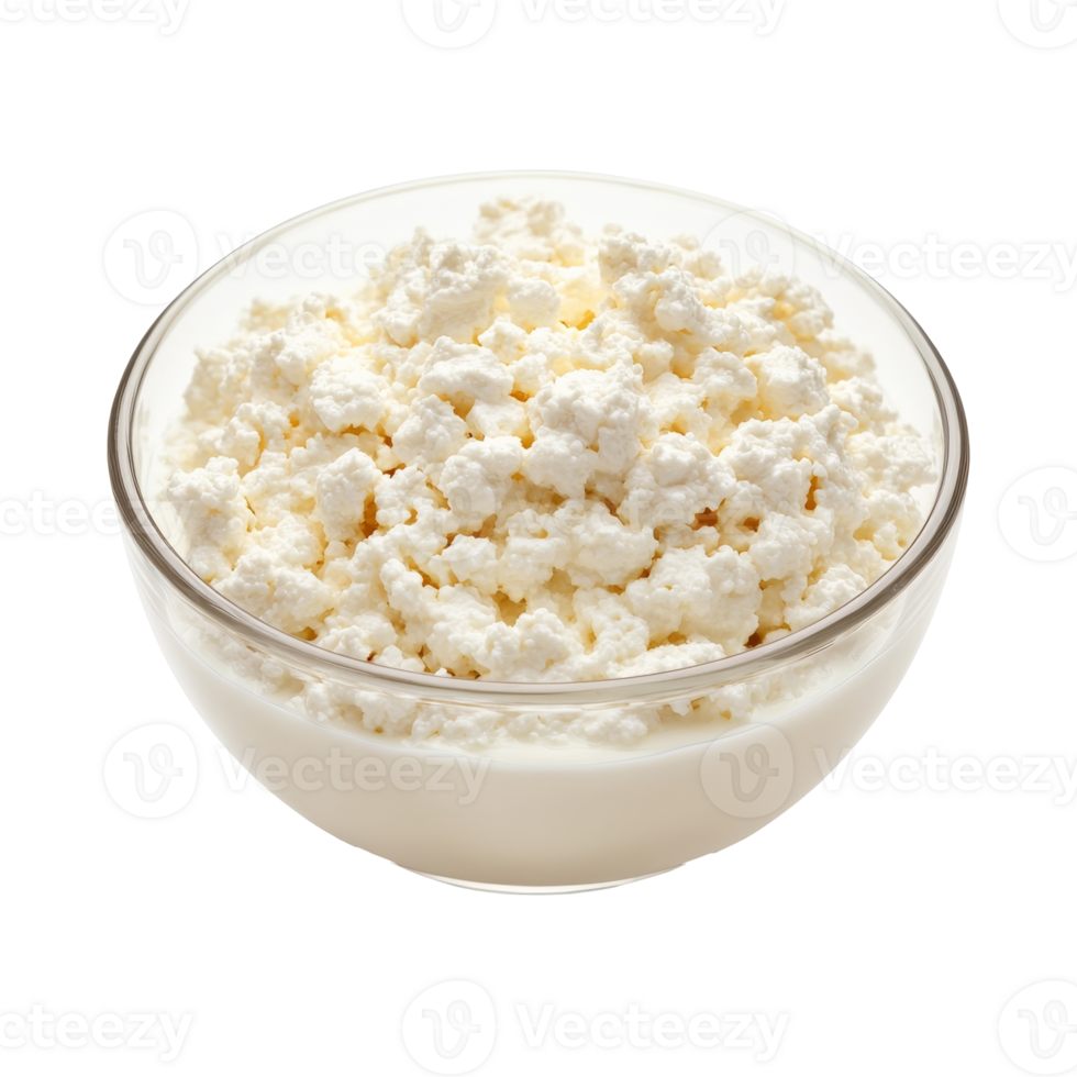 Freshly prepared cottage cheese in a clear bowl png