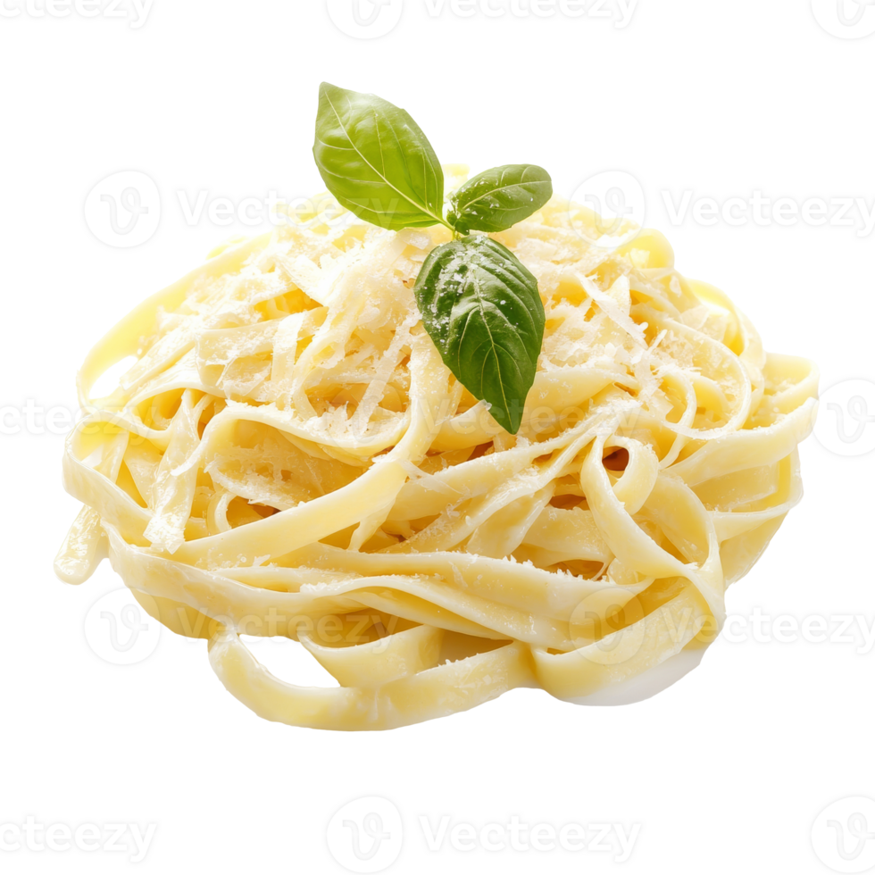 Fresh fettuccine pasta topped with basil leaves png