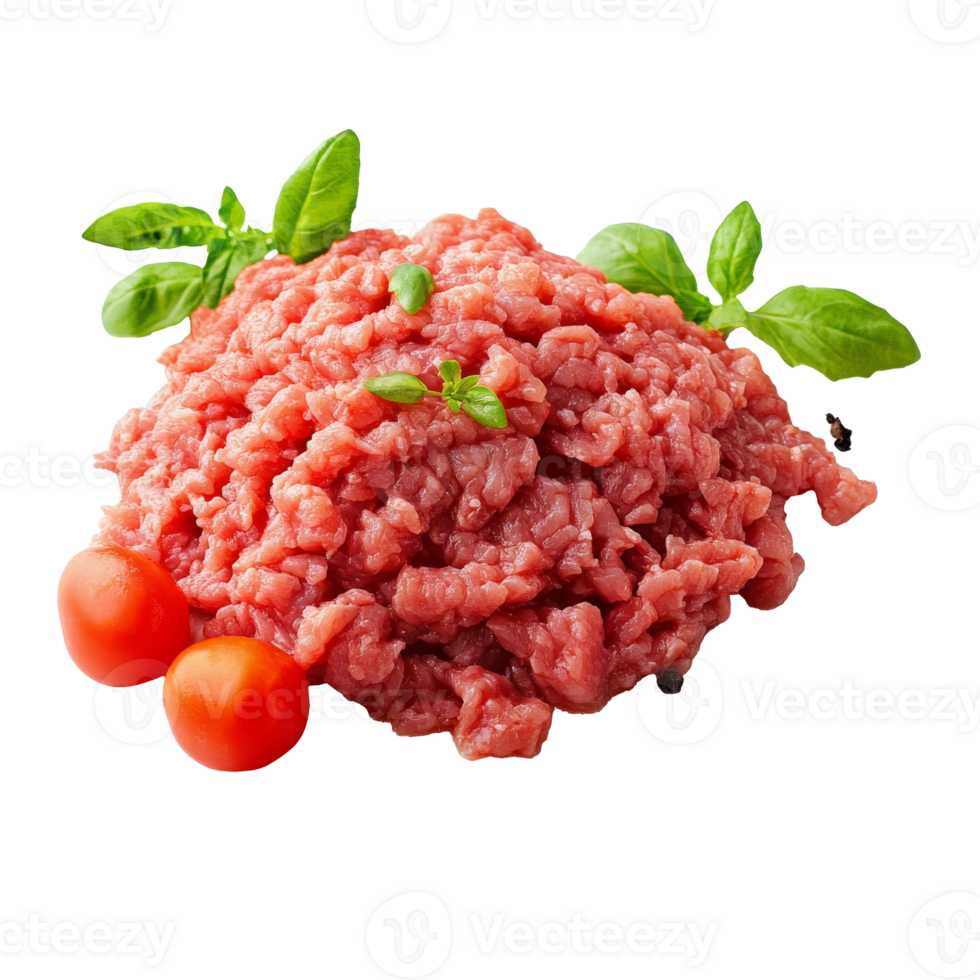 Fresh ground meat with cherry tomatoes and basil png