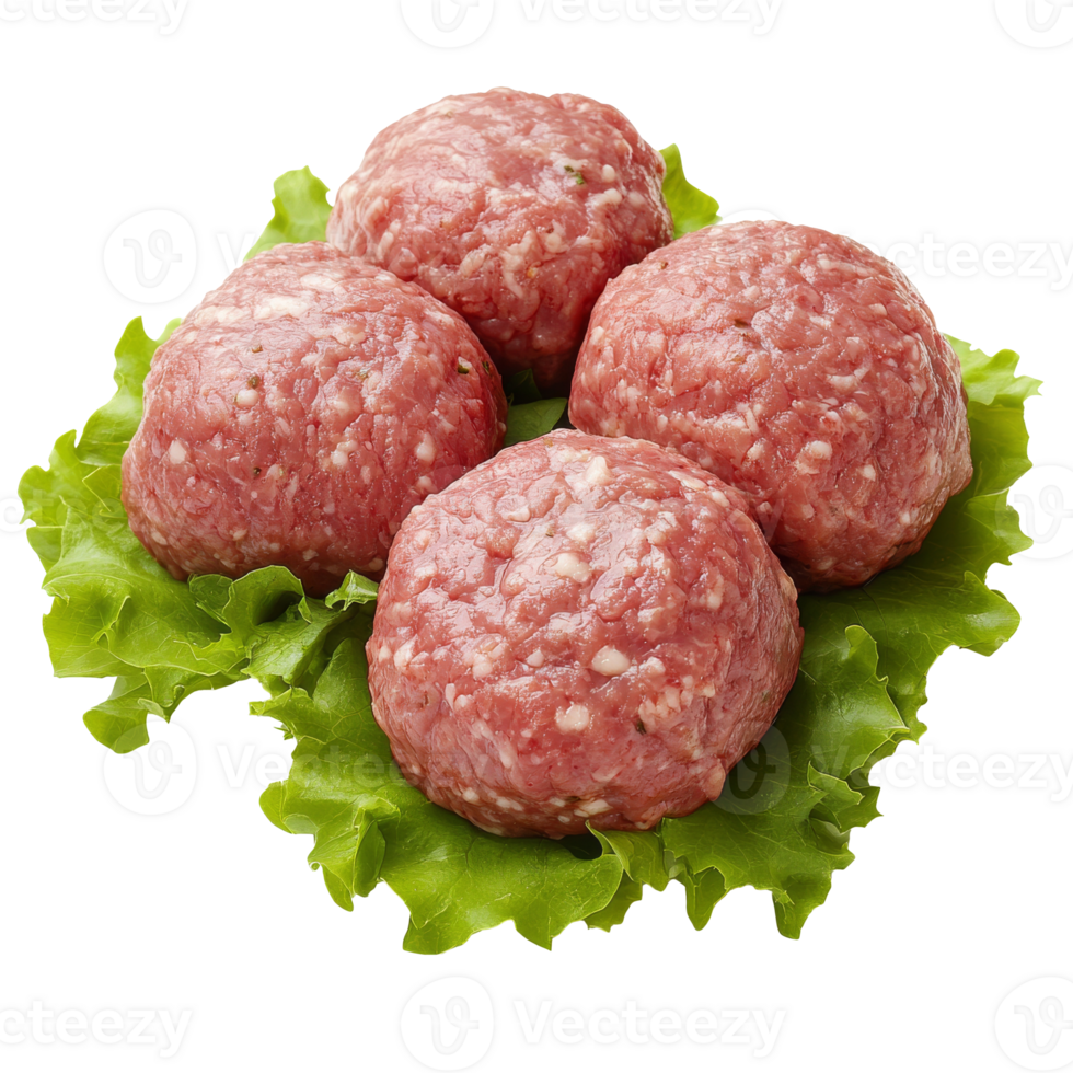 Freshly prepared raw meatballs on lettuce leaves png