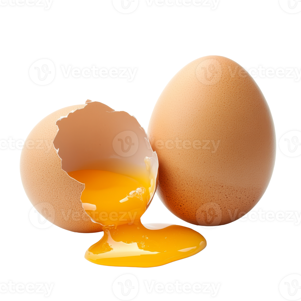 Fresh eggs with one cracked open revealing yolk png