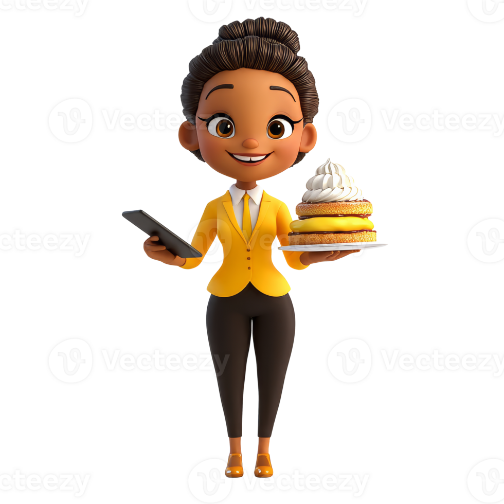Joyful character with dessert and tablet png