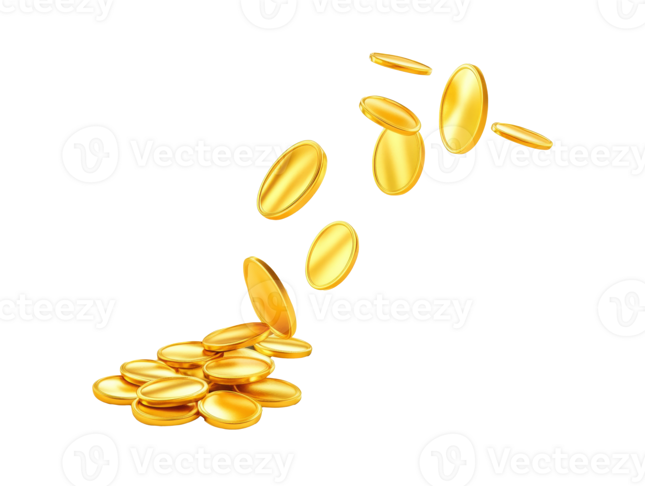 Gold coins in motion on white png