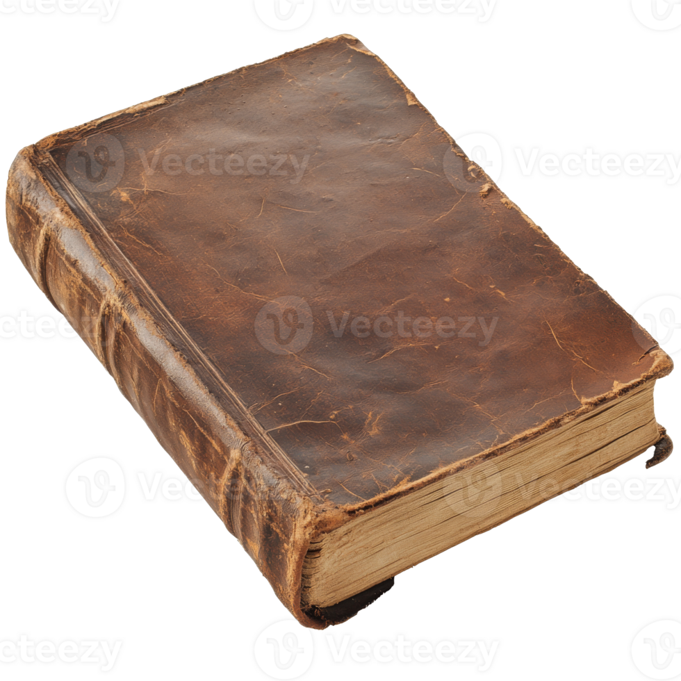 Old leather bound book resting on a wooden surface png