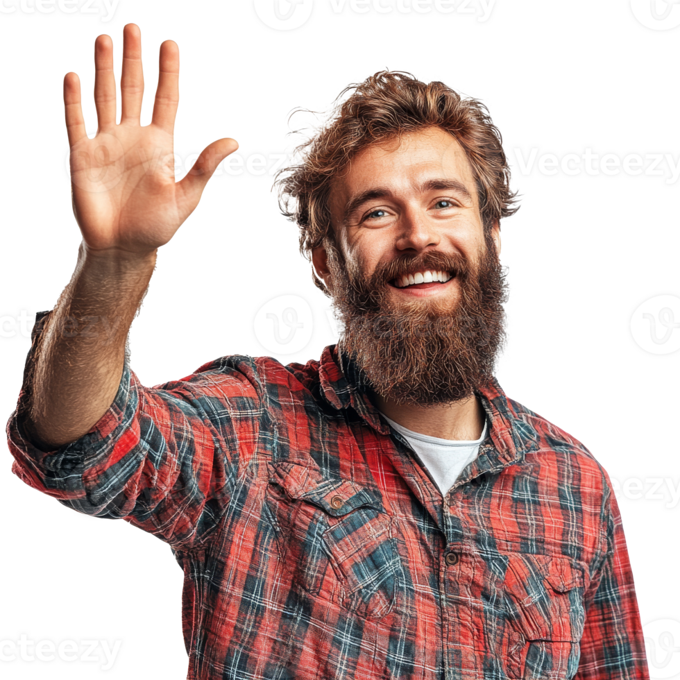 Cheerful man waving with a friendly smile indoors png