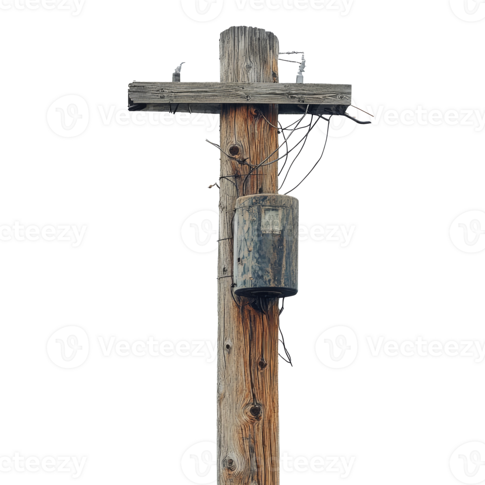Weathered wooden utility pole with transformer png