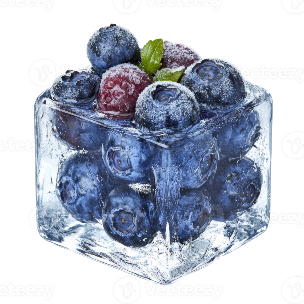 Frozen berries in clear ice cube png