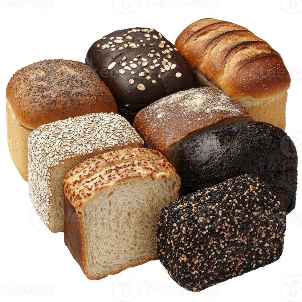 Various types of bread arranged on a clean surface png