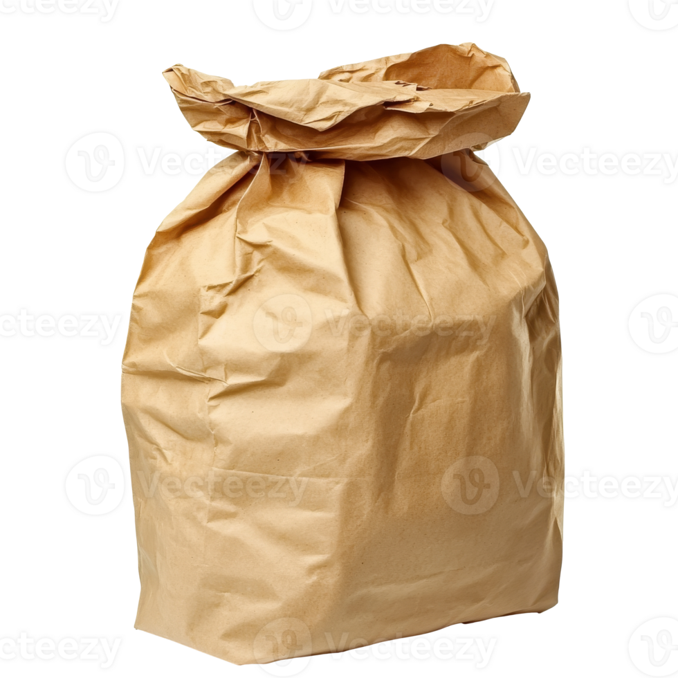 Brown paper bag filled with various items on table png