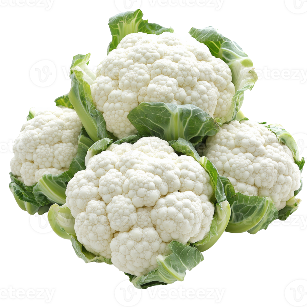 Fresh cauliflower heads stacked with green leaves png