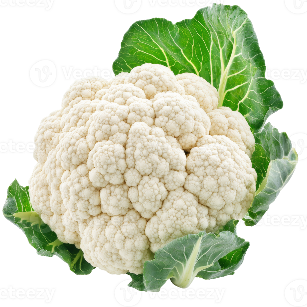 Cauliflower with green leaves on white png