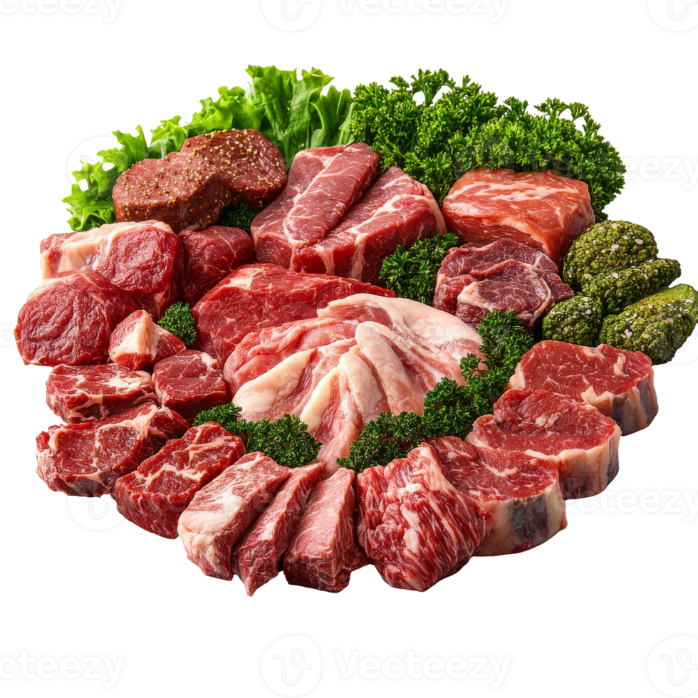 Variety of fresh beef cuts arranged for grilling png