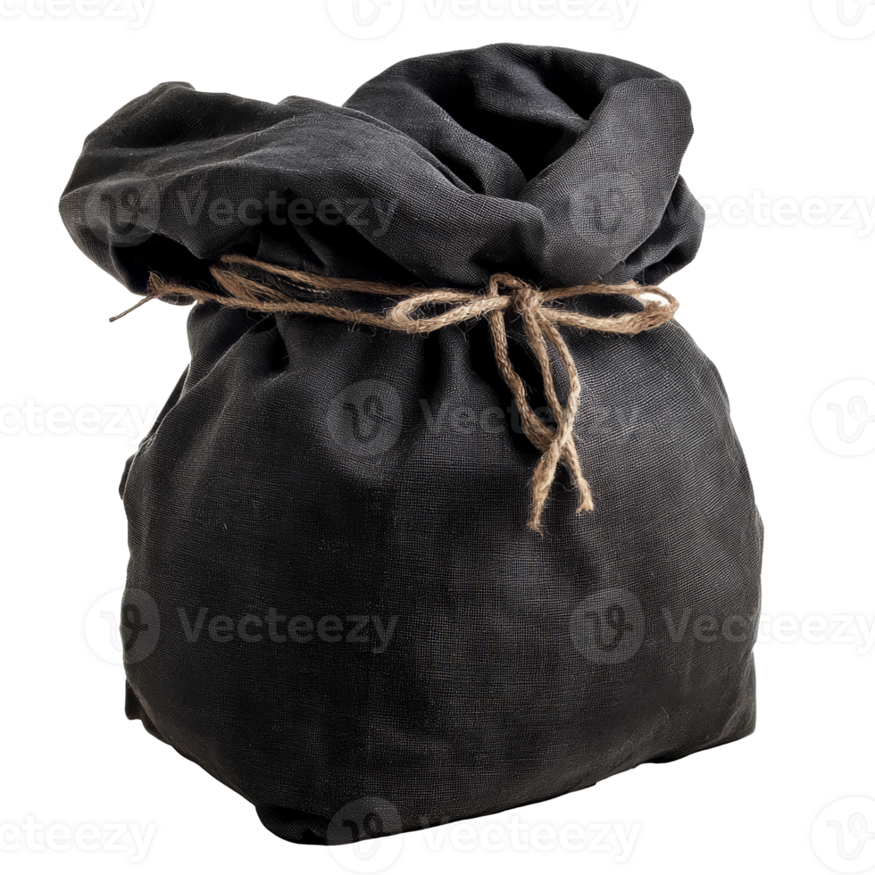 Simple black fabric bag tied with natural twine png