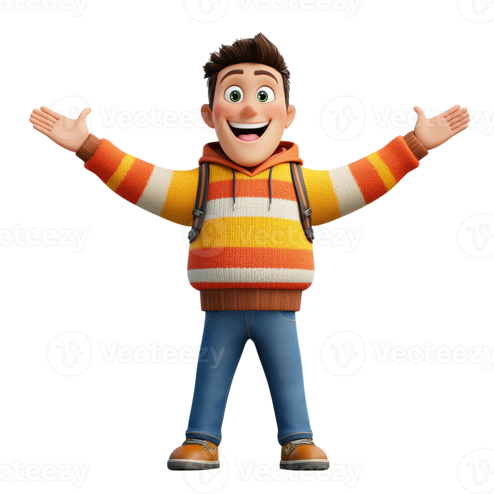 Joyful character in bright sweater and jeans png