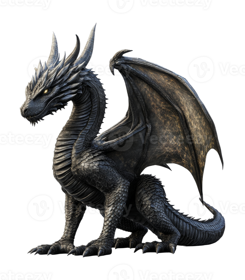 Black dragon with wings in a regal pose png