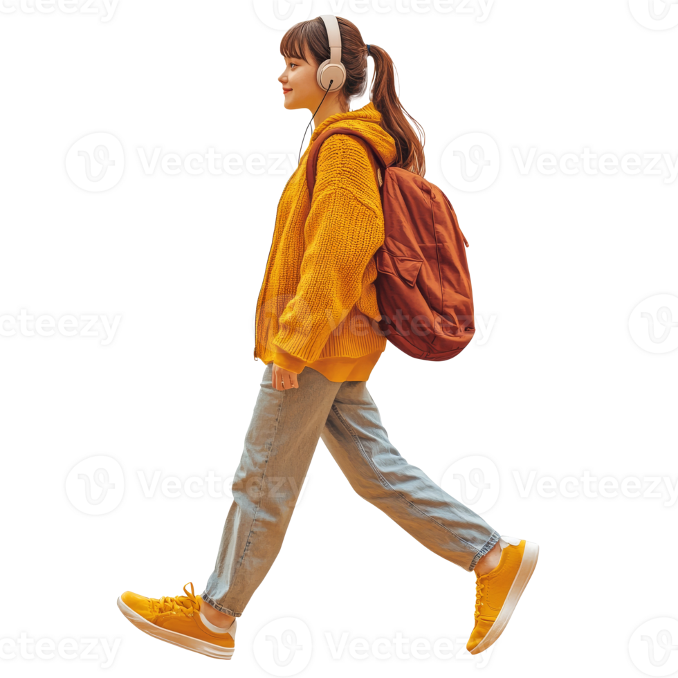 Young woman walking with headphones and backpack png