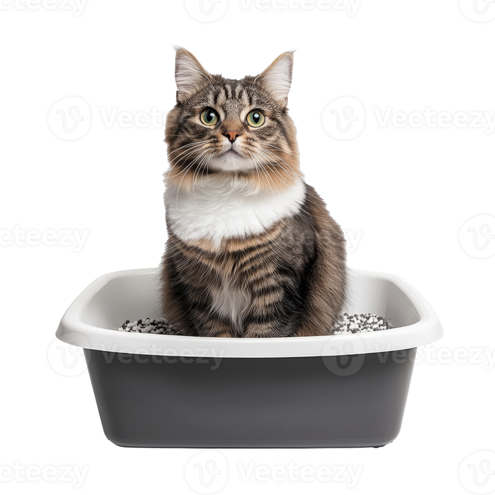 Cat sitting in litter box looking curiously png