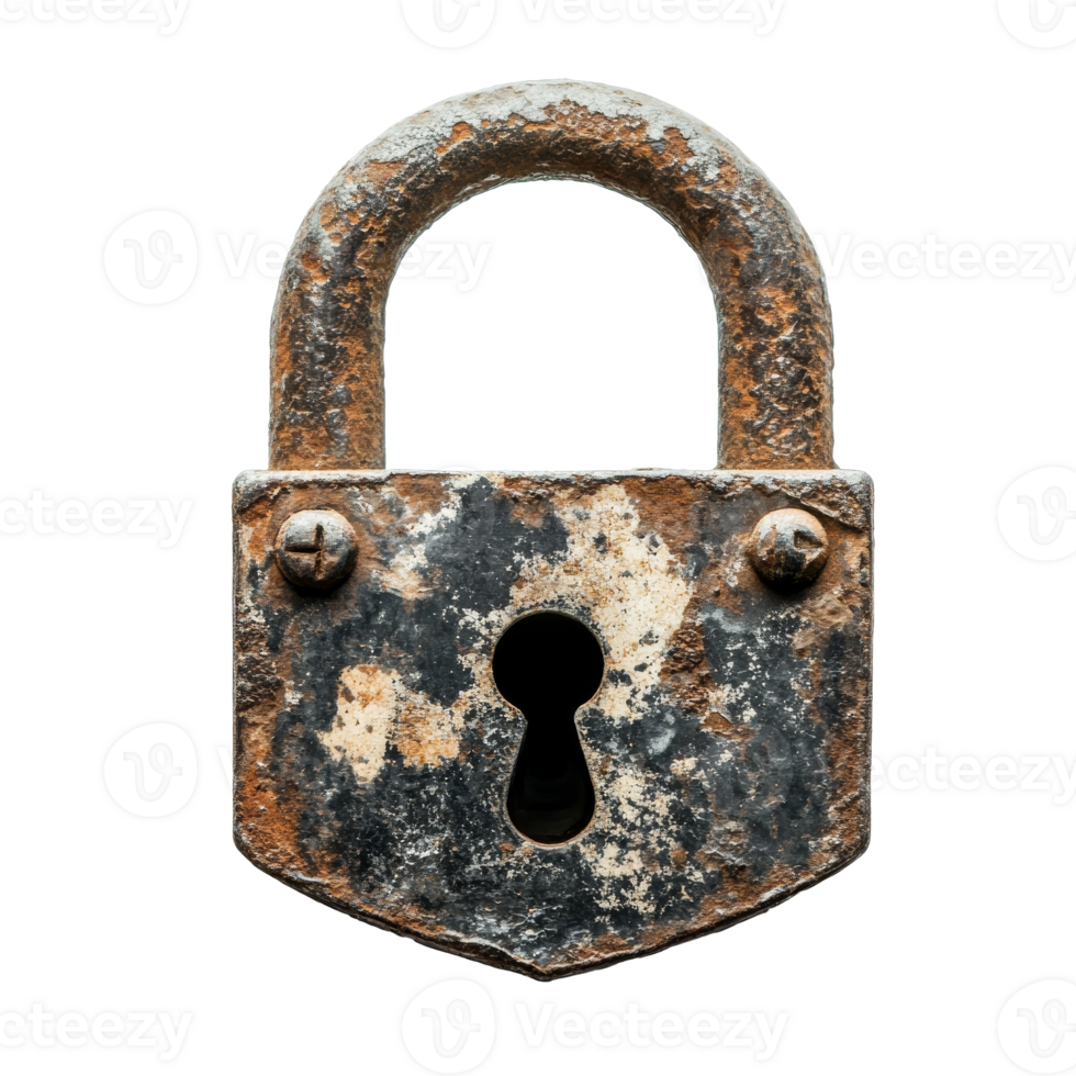 Rustic padlock resting against a white background png
