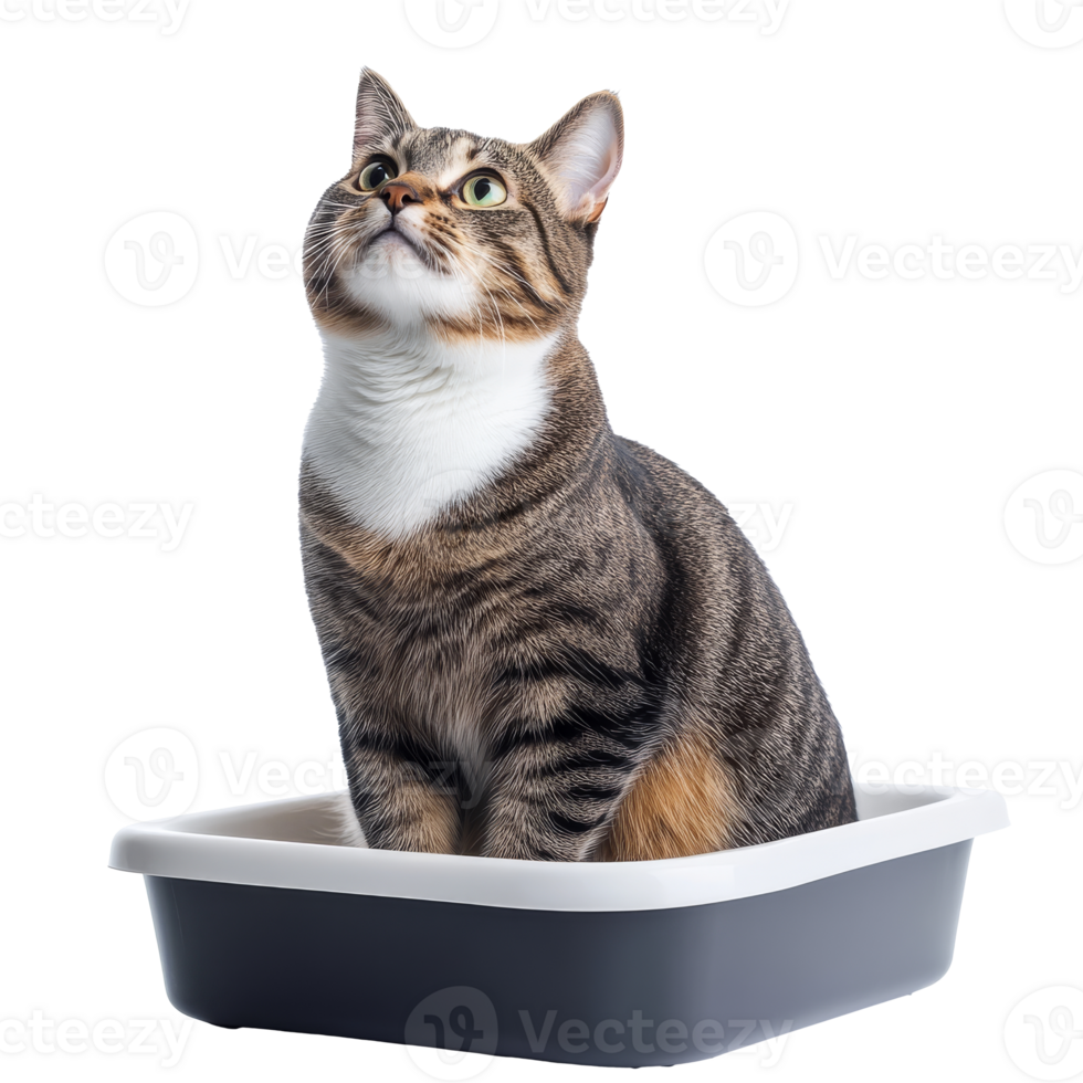Cat sitting peacefully in a litter box png
