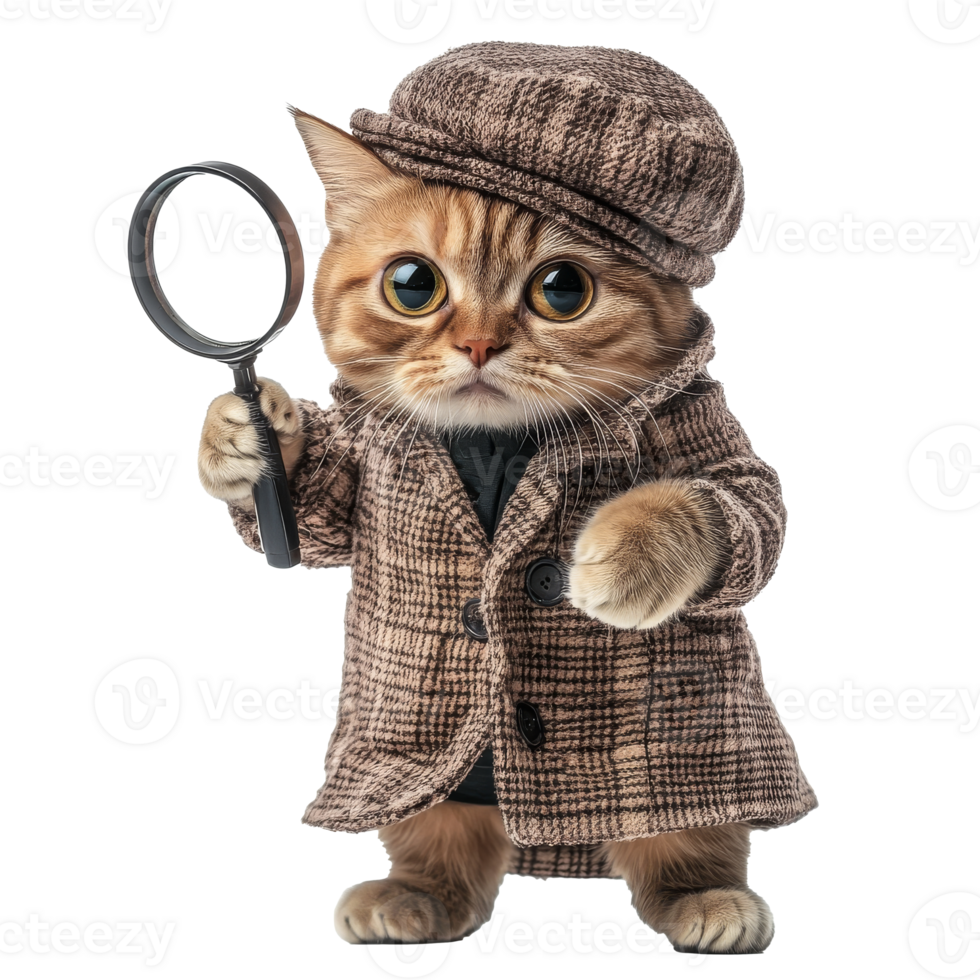 Stylish cat detective with magnifying glass png