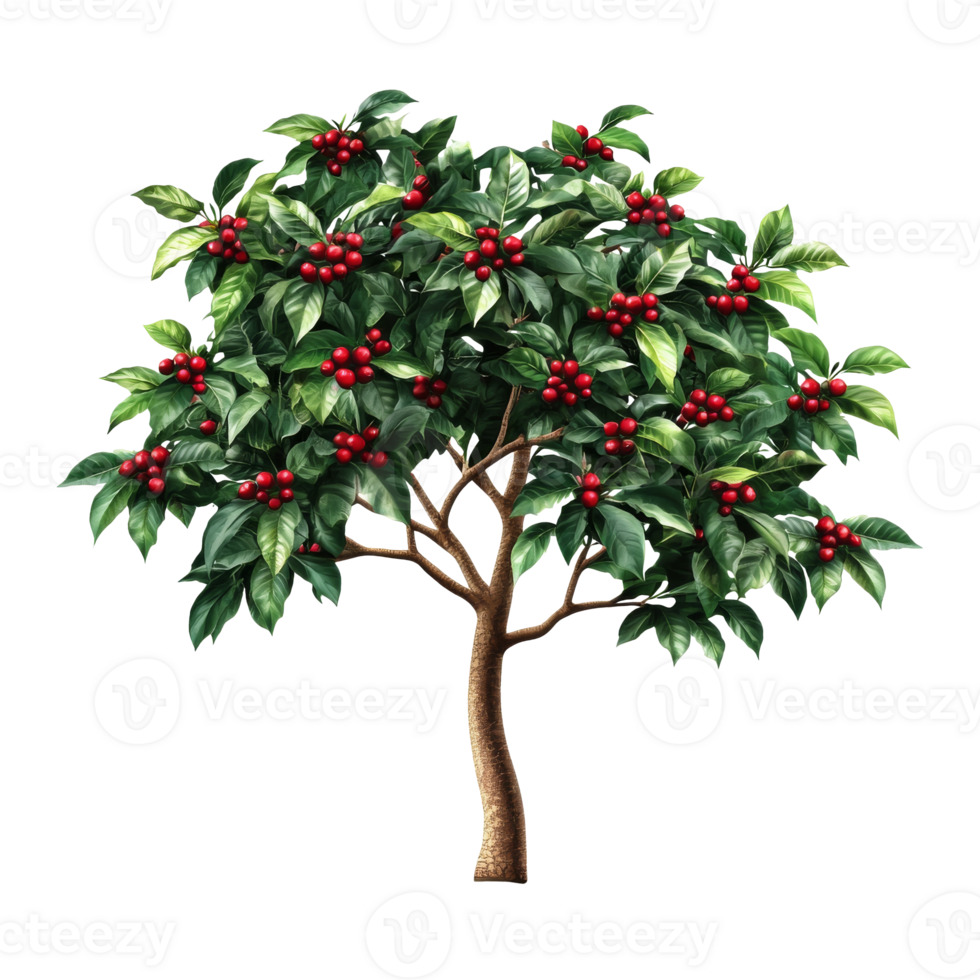 Coffee tree with ripe cherries and lush leaves png