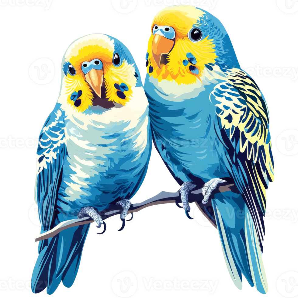 Colorful budgerigars perched on a branch png