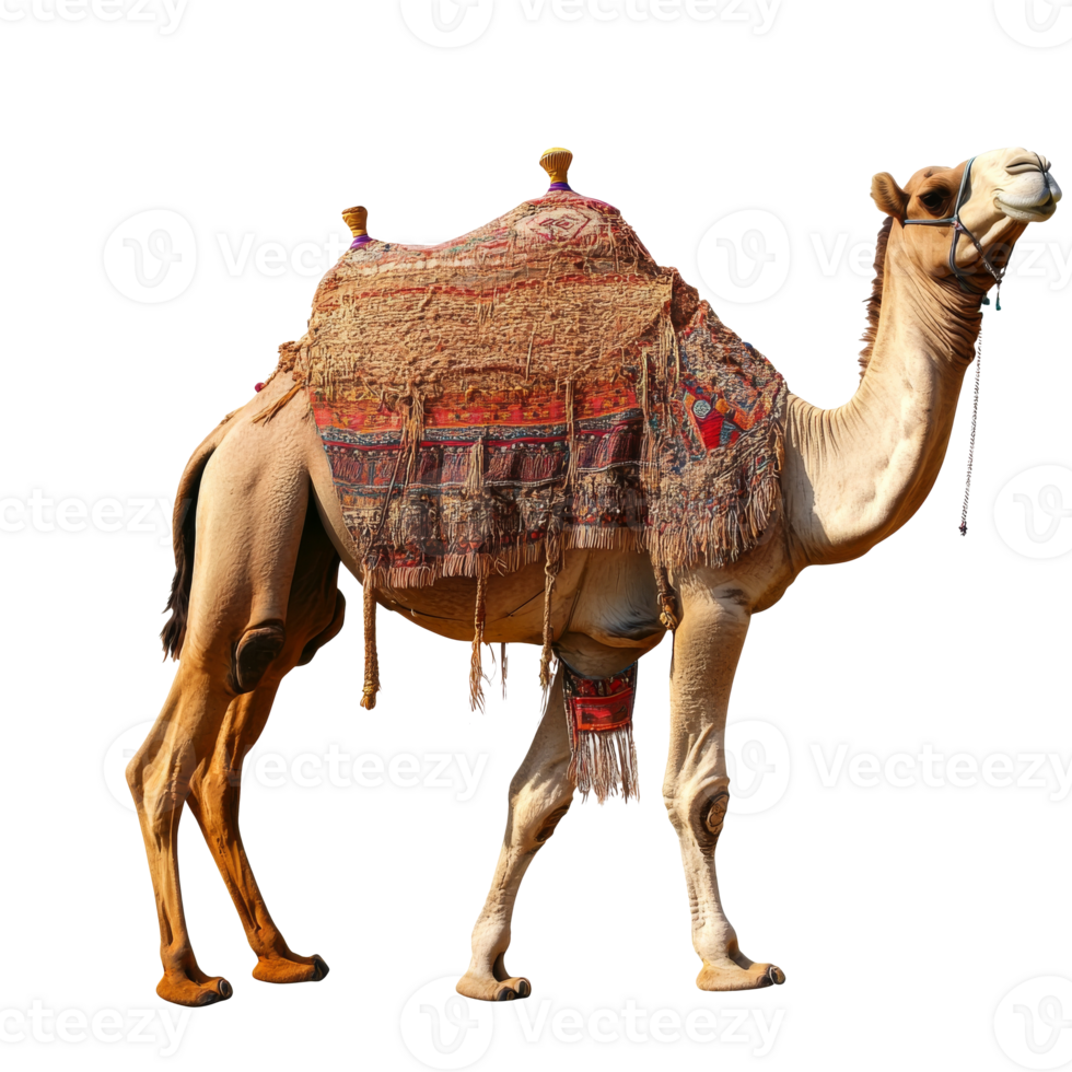 Camel with saddle prepared for ride in desert png