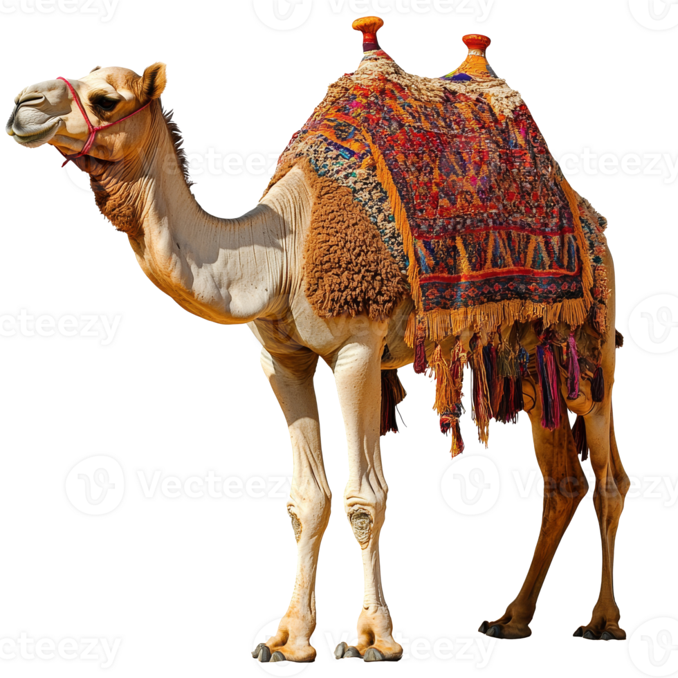 Camel standing with decorated saddle in desert png