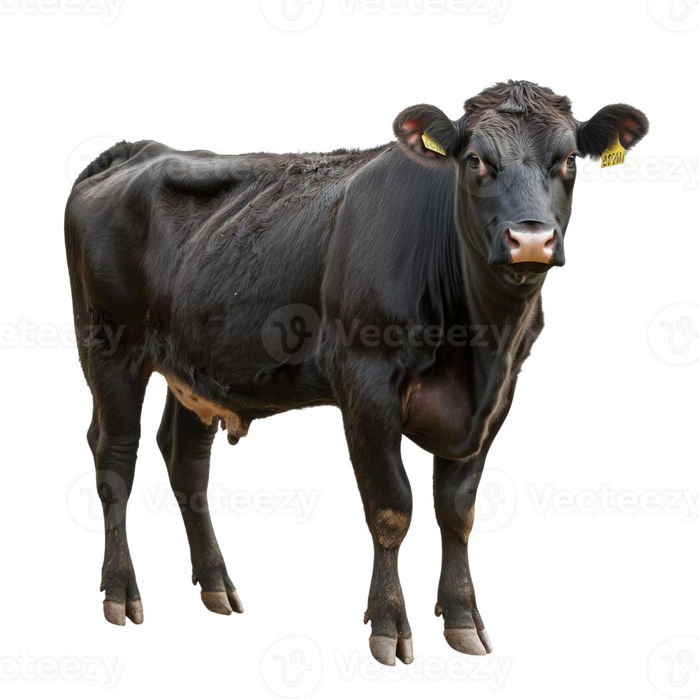 Black cow standing in a sunny countryside field png
