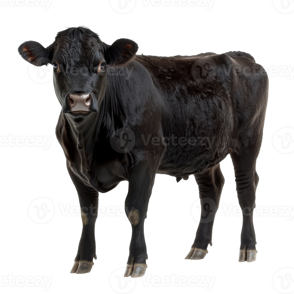 Black cow standing calmly in a farm setting png