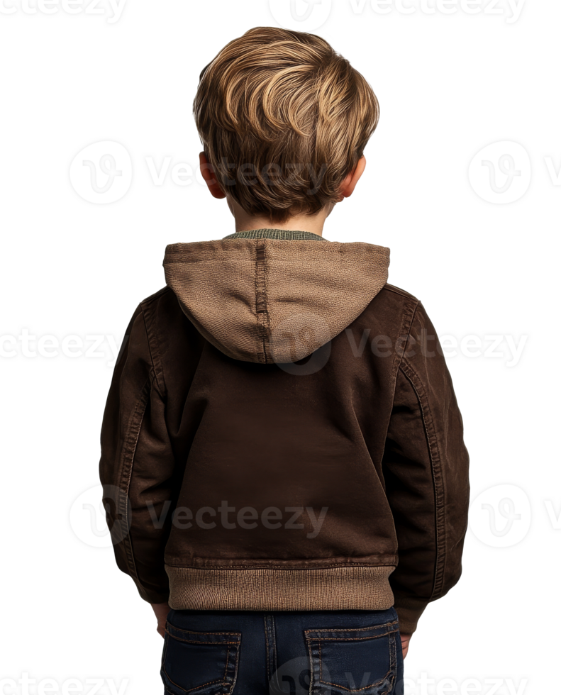 Child in a brown hoodie facing away from viewer png